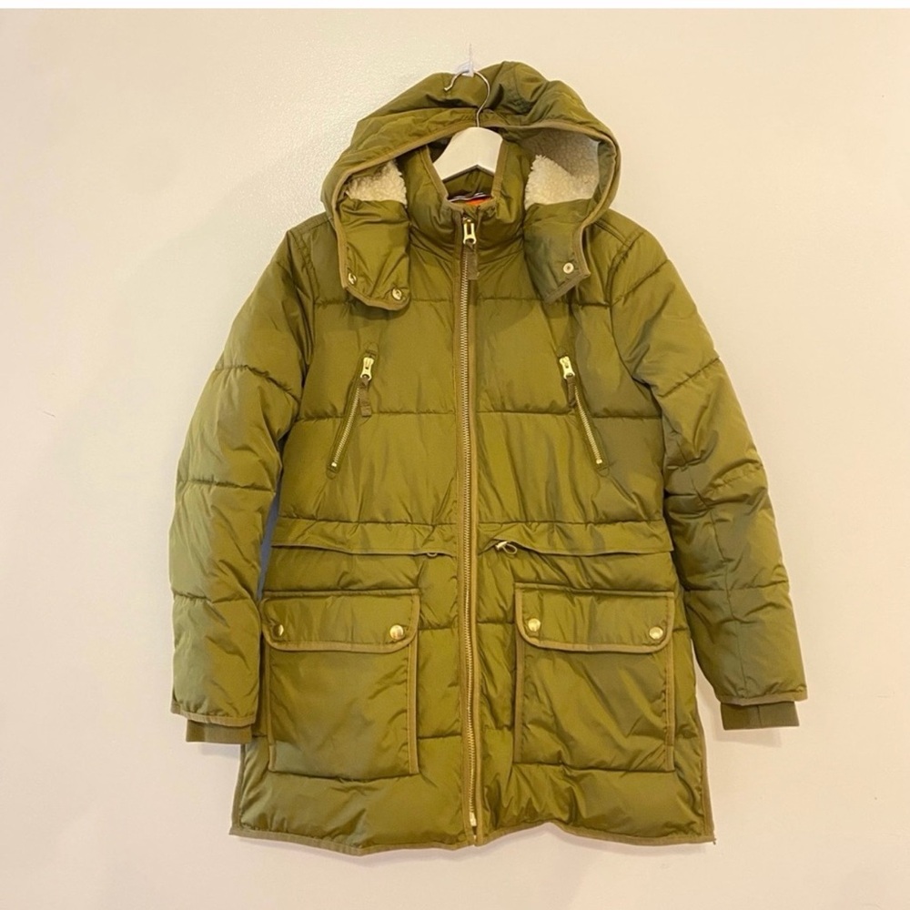 🆕 J. Crew Khaki Puffer Jacket with Orange Lining